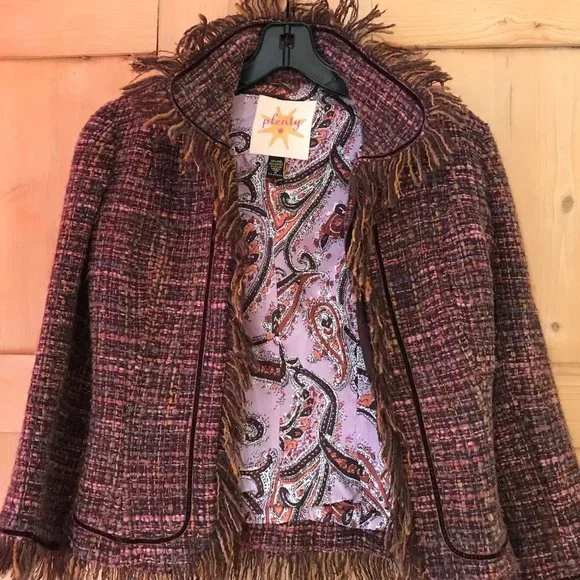 Plenty pink/brown tweed jacket with fringe trim, size 4 - Picture 1 of 5
